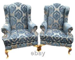 Pair of Gilded French Louis XVI Bergère Chairs in Blue Damask, Early 1900's