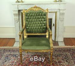 Pair of Luxurious French Antique Louis XVI Style Carved Wood Gold Doré Armchairs
