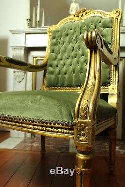Pair of Luxurious French Antique Louis XVI Style Carved Wood Gold Doré Armchairs