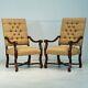 Pair Of Mahogany Louis Xiii Carved Arm Chairs White And Gold Damask Fabric