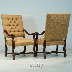 Pair of Mahogany Louis XIII Carved Arm Chairs white and gold damask fabric