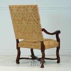 Pair of Mahogany Louis XIII Carved Arm Chairs white and gold damask fabric