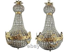 Pair of Vintage French Louis XVI Chandeliers Bronze with Gold Leaf Accents