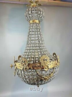Pair of Vintage French Louis XVI Chandeliers Bronze with Gold Leaf Accents