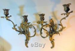 Pr Antique Vtg French Bronze Brass Wall Sconces Candleholders ROCOCO Louis XV