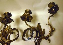 Pr Antique Vtg French Bronze Brass Wall Sconces Candleholders ROCOCO Louis XV