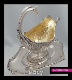 RARE ANTIQUE 1870s FRENCH STERLING SILVER & VERMEIL SAUCE BOAT Louis XV style