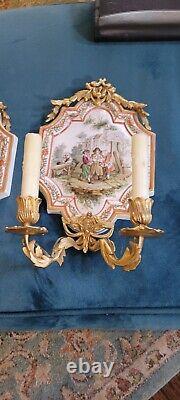 RARE Antique French 1767 Lille Louis XV Sevres Style Porcelain Gilt Wall Sconces