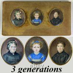 RARE Antique French 3 Generation Impressionist Portrait Miniatures, Child, Mom +
