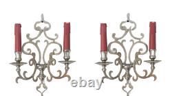 RARE Antique PAIR French Louis XIII Wall Light Sconce 2 Light Tinned Bronze 1920