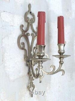 RARE Antique PAIR French Louis XIII Wall Light Sconce 2 Light Tinned Bronze 1920