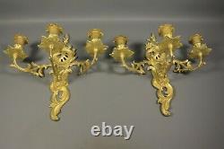 RARE French Antique Gilt Bronze 3-arm Louis XV Candle Wall Sconces PAIR 19thC