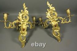 RARE French Antique Gilt Bronze 3-arm Louis XV Candle Wall Sconces PAIR 19thC