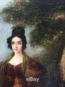 Rare 19thC French Antique oil painting Portrait Woman Landscape LOUIS BOILLY