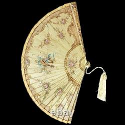 Rare Antique France hand Fan Gallant scene Vernis Martin louis 15th floral