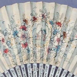 Rare Antique French Hand Fan, Gouache On Leather, louis, 18th