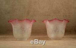 Rare Pair Antique French Cranberry Acid Etched St. Louis Oil Lamp Shades