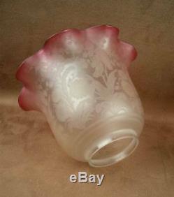 Rare Pair Antique French Cranberry Acid Etched St. Louis Oil Lamp Shades