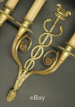 Rare Pair Of Sconces, Hermes Caduceus, Louis XVI Style Bronze French Antique
