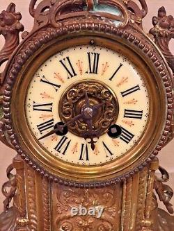 Samuel Marti Louis XV Style Gilt Metal Clock Porcelain Face Runs Bell Strike