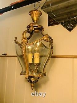 Serpentine Glass Louis XVI Bronze French Empire Lantern, Antique Hall Light