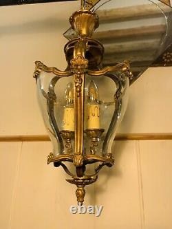 Serpentine Glass Louis XVI Bronze French Empire Lantern, Antique Hall Light