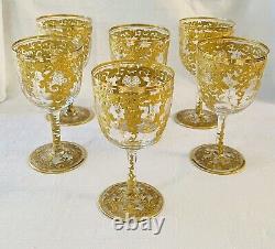 Set 6 Gorgeous Antique French Fancy Gold Glass Water Wine Goblets Baccarat