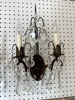 Set Of 3 Vintage French Louis XV Bronze Crystal 2 Arm Wall Light Electric Sconce