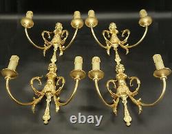 Set Of 4 Sconces, Putti With Trumpets, Louis XV Style Bronze French Antique