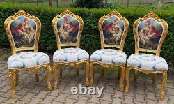 Set of 4 Gilded French Louis XVI Dining Chairs with Scenic Damask Upholstery