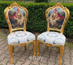 Set of 4 Gilded French Louis XVI Dining Chairs with Scenic Damask Upholstery