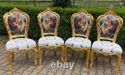 Set of 4 Gilded French Louis XVI Dining Chairs with Scenic Damask Upholstery