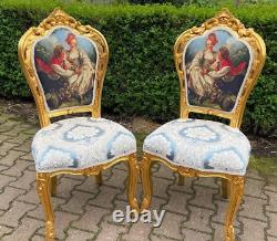 Set of 4 Gilded French Louis XVI Dining Chairs with Scenic Damask Upholstery