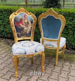 Set of 4 Gilded French Louis XVI Dining Chairs with Scenic Damask Upholstery