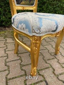 Set of 4 Gilded French Louis XVI Dining Chairs with Scenic Damask Upholstery