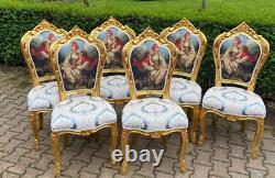 Set of 4 Gilded French Louis XVI Dining Chairs with Scenic Damask Upholstery