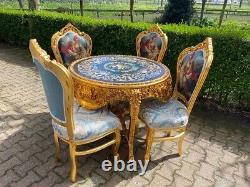 Set of 4 Gilded French Louis XVI Dining Chairs with Scenic Damask Upholstery