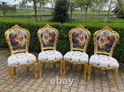 Set of 4 Gilded French Louis XVI Dining Chairs with Scenic Damask Upholstery