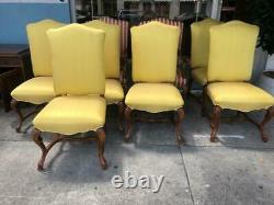 Set of 8 French Antique Style Louis XIV Walnut Upholstered Dining Chair in Silk