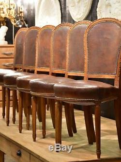 Set of eight Louis XVI style French dining chairs leather