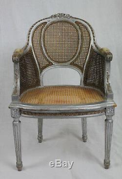Shabby Chic Antique Painted French Louis XVI Double Caned Bergere Chair, c. 1900