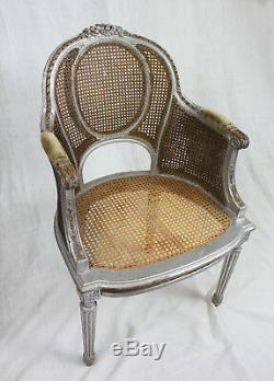 Shabby Chic Antique Painted French Louis XVI Double Caned Bergere Chair, c. 1900