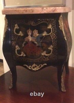 Small French Louis XV Gilt Bronze Mounted, Hand Painted Marble Top Commode