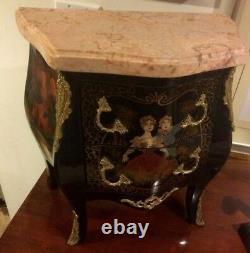 Small French Louis XV Gilt Bronze Mounted, Hand Painted Marble Top Commode