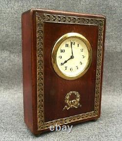 Small antique french Louis XVI style travel clock 1900's mahogany brass wood