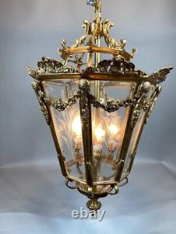 Stunning Vintage French Louis XVI Bronze Lantern with Gold Leaf and Floral Glass