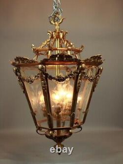 Stunning Vintage French Louis XVI Bronze Lantern with Gold Leaf and Floral Glass