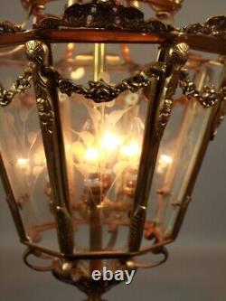 Stunning Vintage French Louis XVI Bronze Lantern with Gold Leaf and Floral Glass