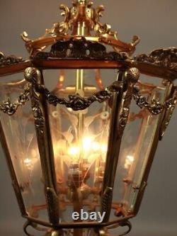 Stunning Vintage French Louis XVI Bronze Lantern with Gold Leaf and Floral Glass