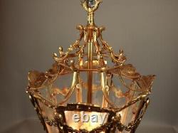 Stunning Vintage French Louis XVI Bronze Lantern with Gold Leaf and Floral Glass